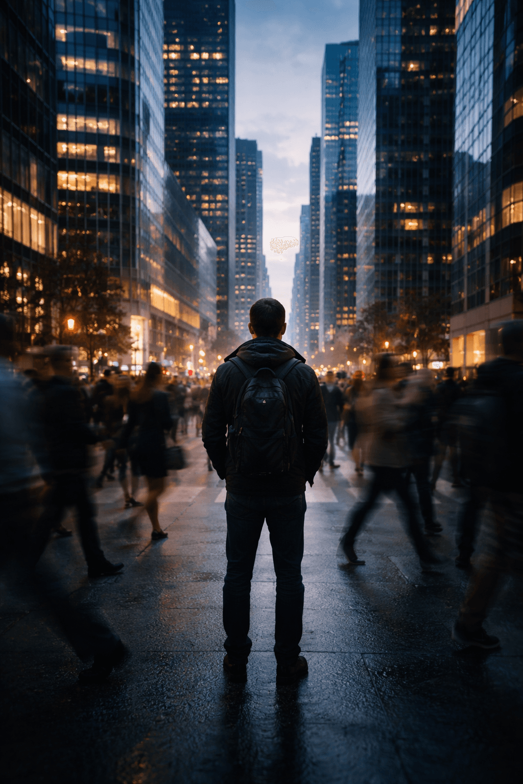 A solitary figure amid a vast modern cityscape