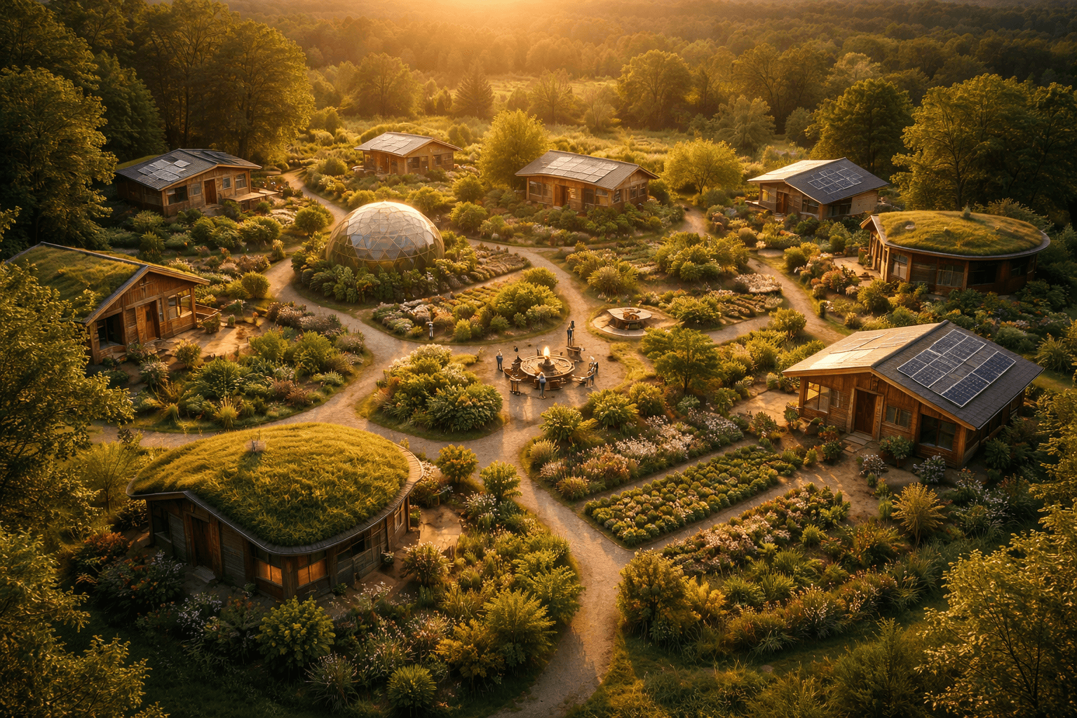 An intentional community village at golden hour
